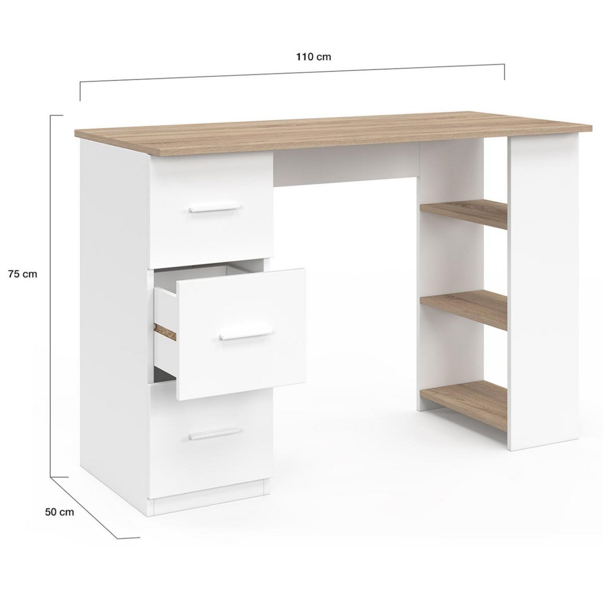 ID MARKET Bureau droit MAE 3 tiroirs avec étagères de rangement blanc et bois