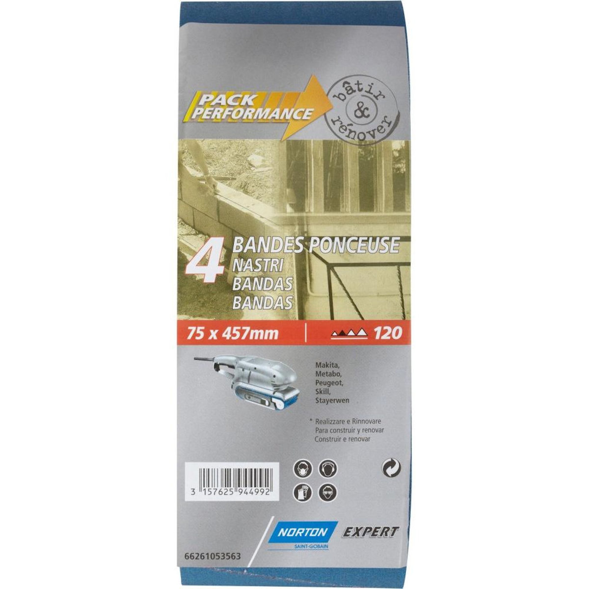 Norton Lot de 4 bandes abrasives NORTON, 75 x 457 mm, grains 120