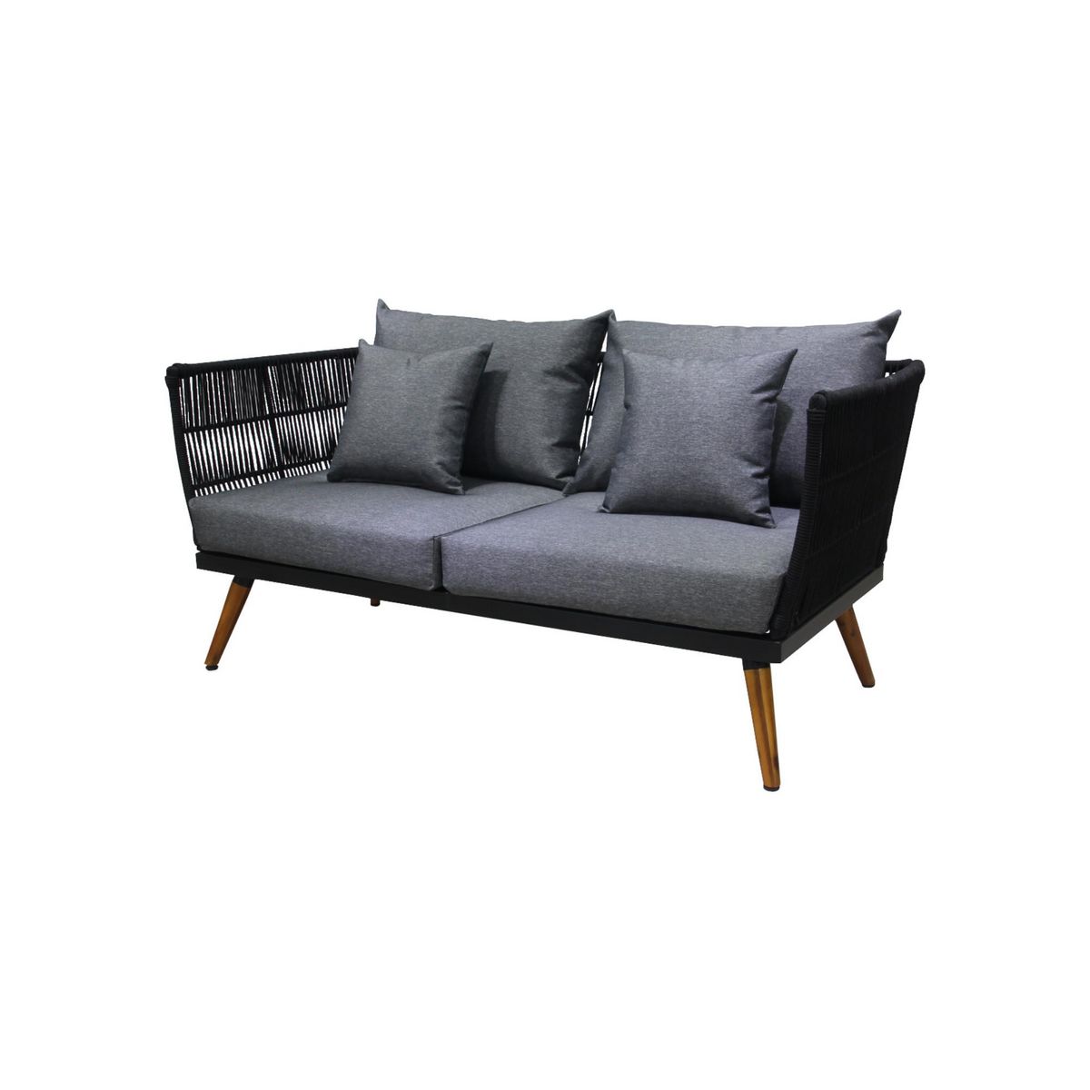 BEST MOBILIER Tiago - salon bas de jardin 4 places + table - corde et bois - noir et coussins gris