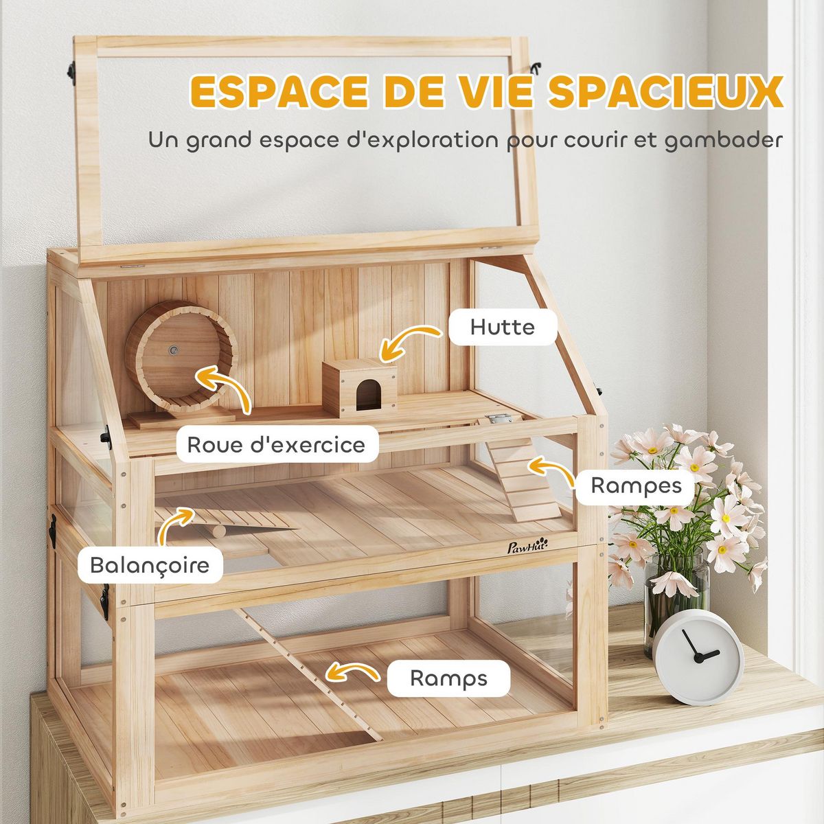 PAWHUT Cage rongeur hamster en bois dim.80x50x76cm 3 niveaux rampes roue bascule cabane