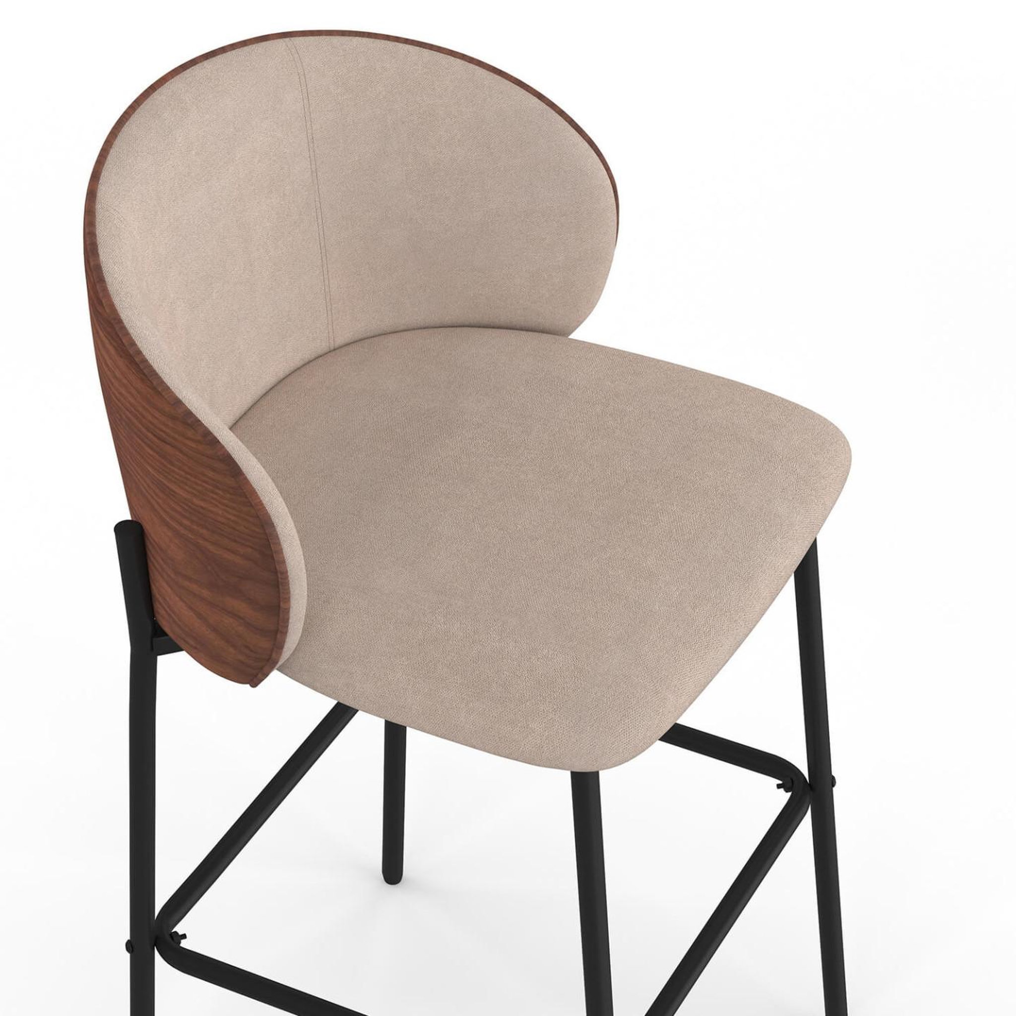 Voir la diapositive 6 : ID MARKET Lot de 4 tabourets de bar PENNY en tissu taupe, dossier effet noyer et pieds en métal noir