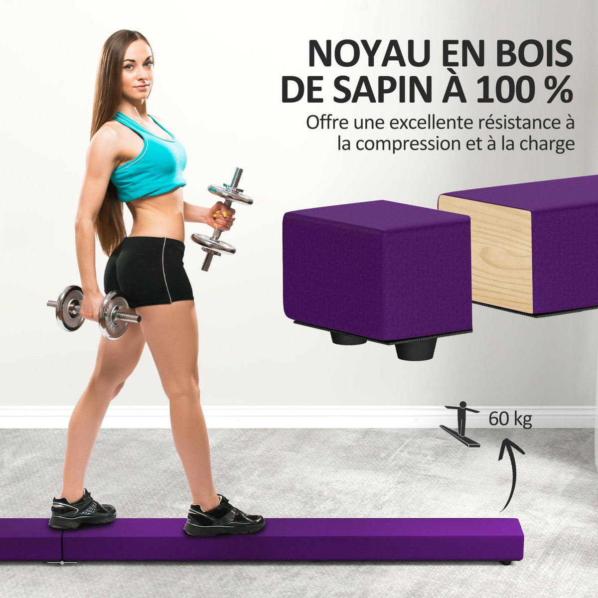 HOMCOM Poutre gymnastique pliable 210 cm - poutre d'équilibre antidérapante - bois de pin revêtement flanelle violet