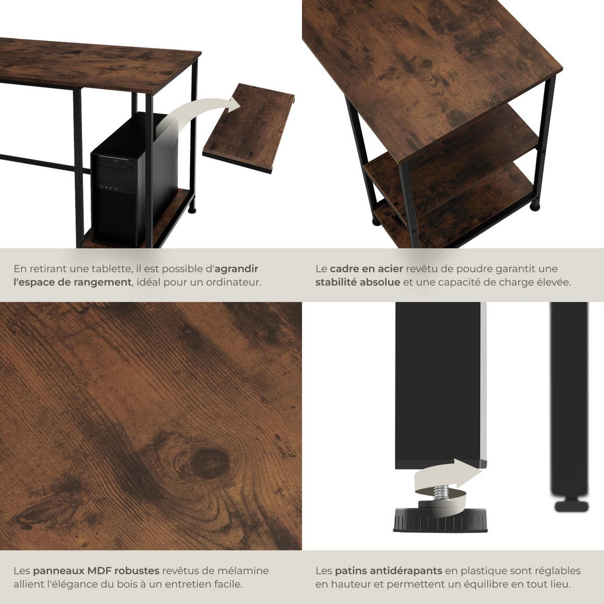 tectake Bureau Style industriel Étagère latérale avec 2 compartiments de stockage