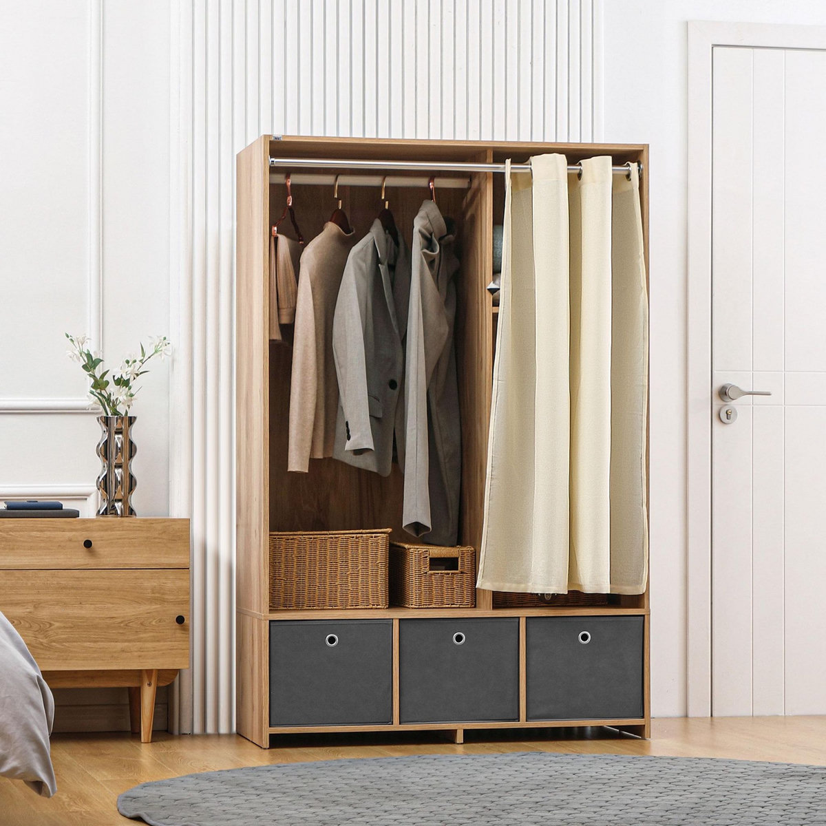 HOMCOM Vestiaire d'entrée - barre de penderie, 3 niches, 3 tiroirs tissu, rideau - panneaux aspect chêne clair polyester gris lin beige