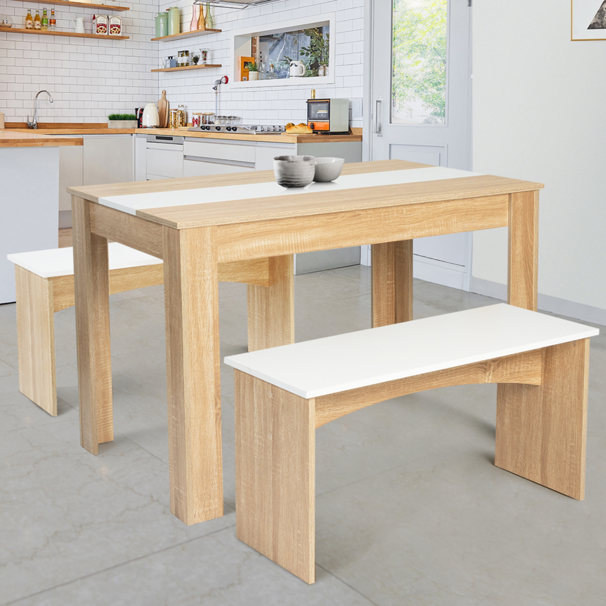ID MARKET Ensemble table à manger et 2 bancs ROZY 4 personnes façon hêtre et blanc 110 cm