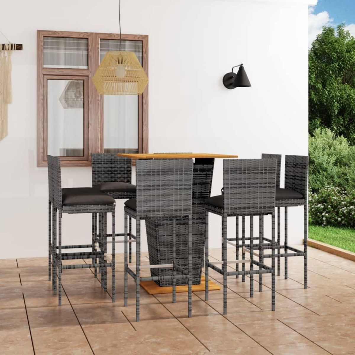VIDAXL Ensemble de bar de jardin 9 pcs et coussins Resine tressee Gris
