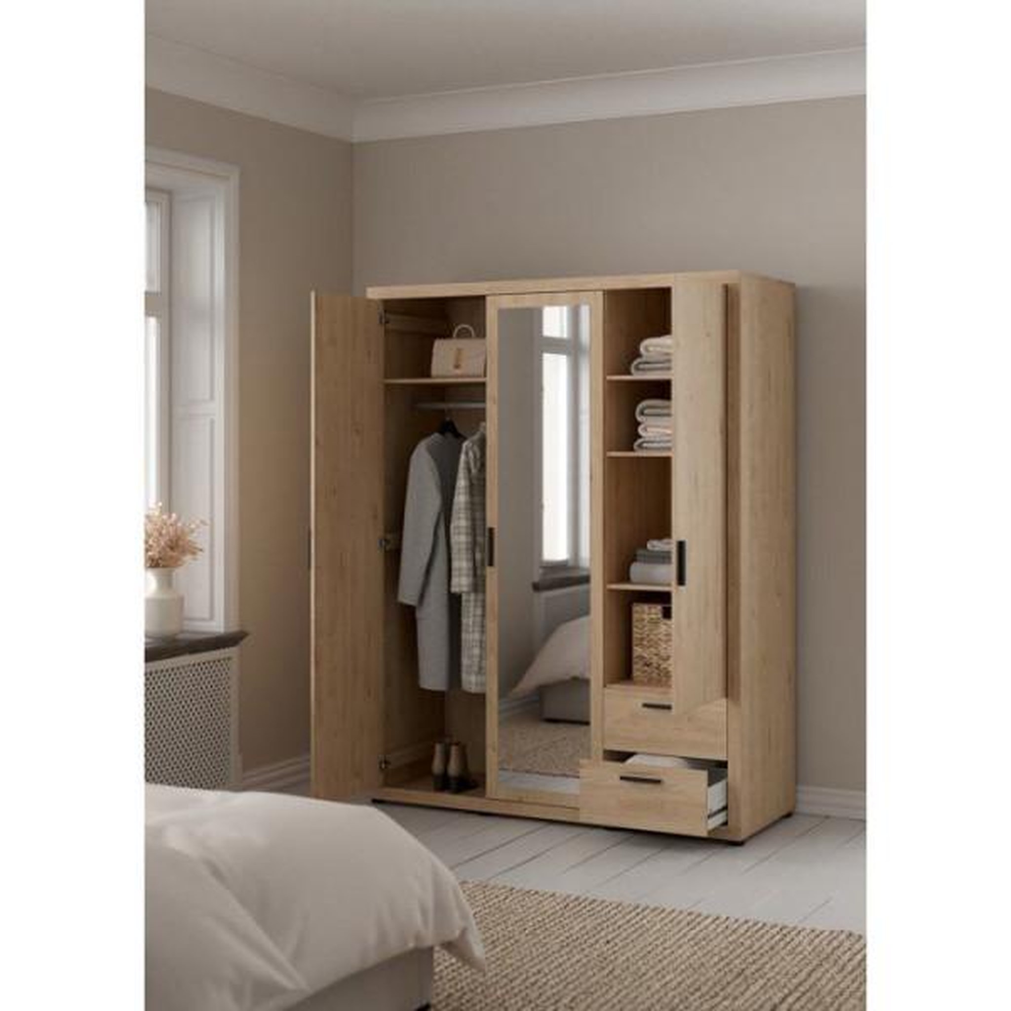 Voir la diapositive 2 : MARKET24 Armoire de chambre - mira - chene - 3 portes dont 1 avec miroir - 2 tiroirs - 153,6 x 59,8 x 200,9 cm