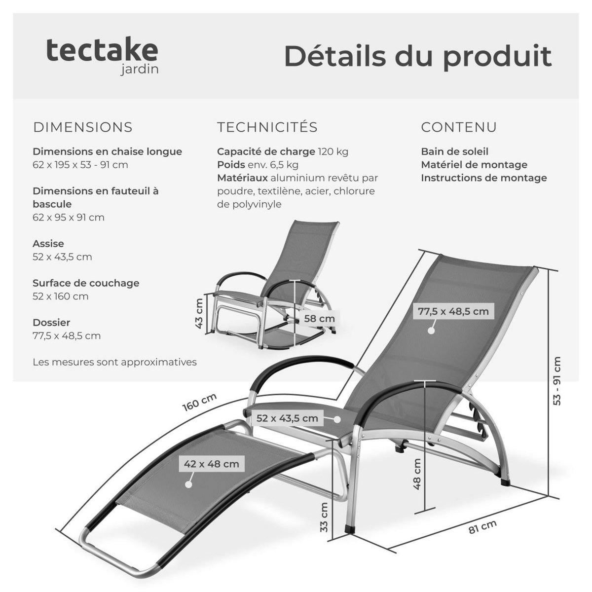 tectake Chaise longue 2-en-1 fonction comme chaise longue ou fauteuil à bascule gris anthracite