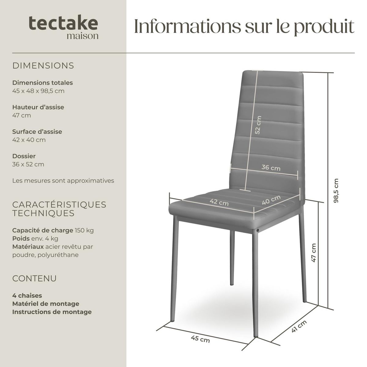 tectake Ensemble de chaises de salle à manger rembourrées avec revêtement aspect cuir gris Lot de 4