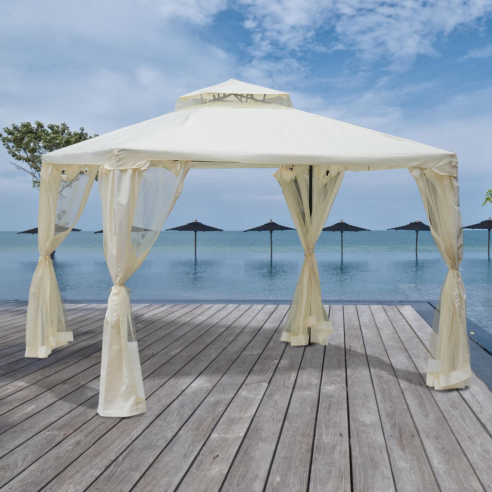 Voir la diapositive 2 : OUTSUNNY Pavillon de jardin tonnelle barnum style colonial double toit toiles moustiquaires amovibles zippées crème