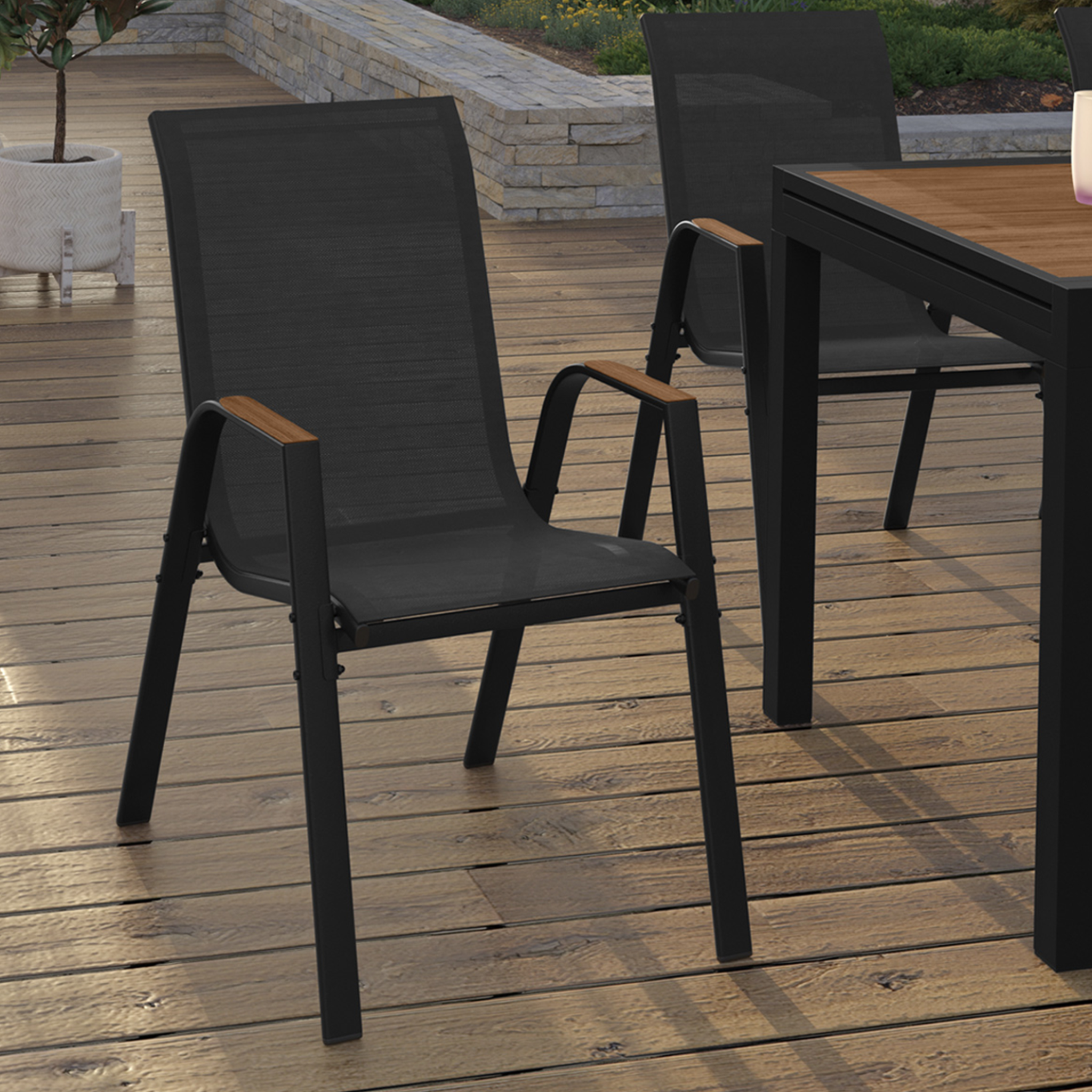Voir la diapositive 2 : ID MARKET Lot de 6 chaises de jardin noumea métal et textilène empilables noir et bois