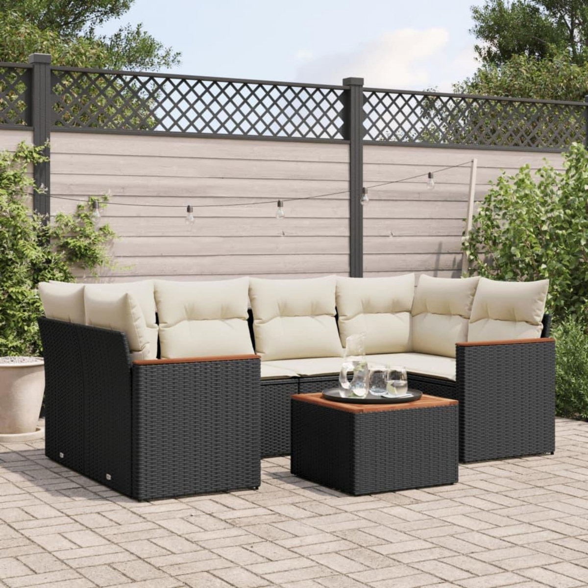 VIDAXL Salon de jardin 7 pcs avec coussins noir resine tressee