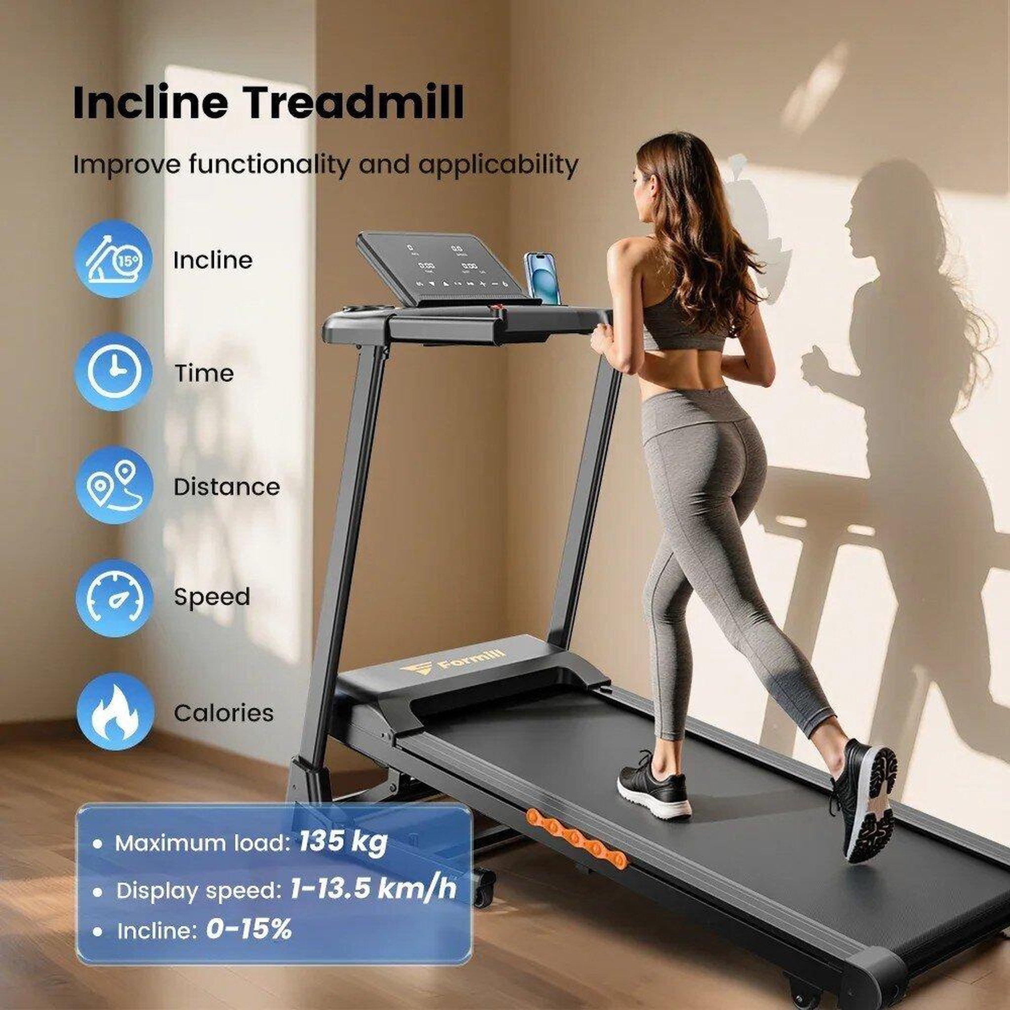 Voir la diapositive 5 : FORMILL Tapis de course électrique formill ft61, vitesse de 1 à 13,5 km/h, puissance de 3 cv, capacité de 135 kg, pliable