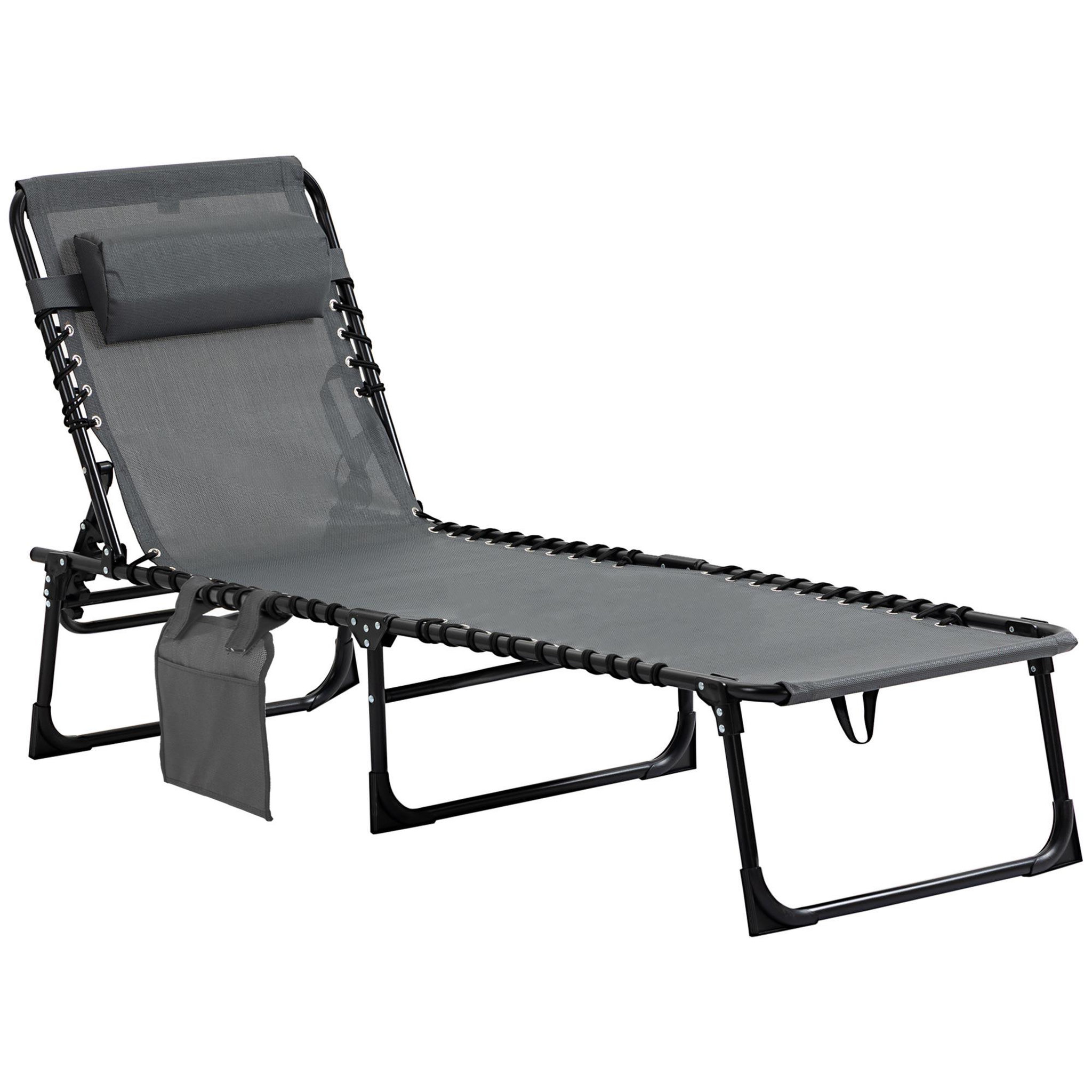 OUTSUNNY Bain de soleil transat pliable avec poignée - dossier inclinable multi-positions, pochette, tétière - acier époxy noir lacets élastiques textilène gris