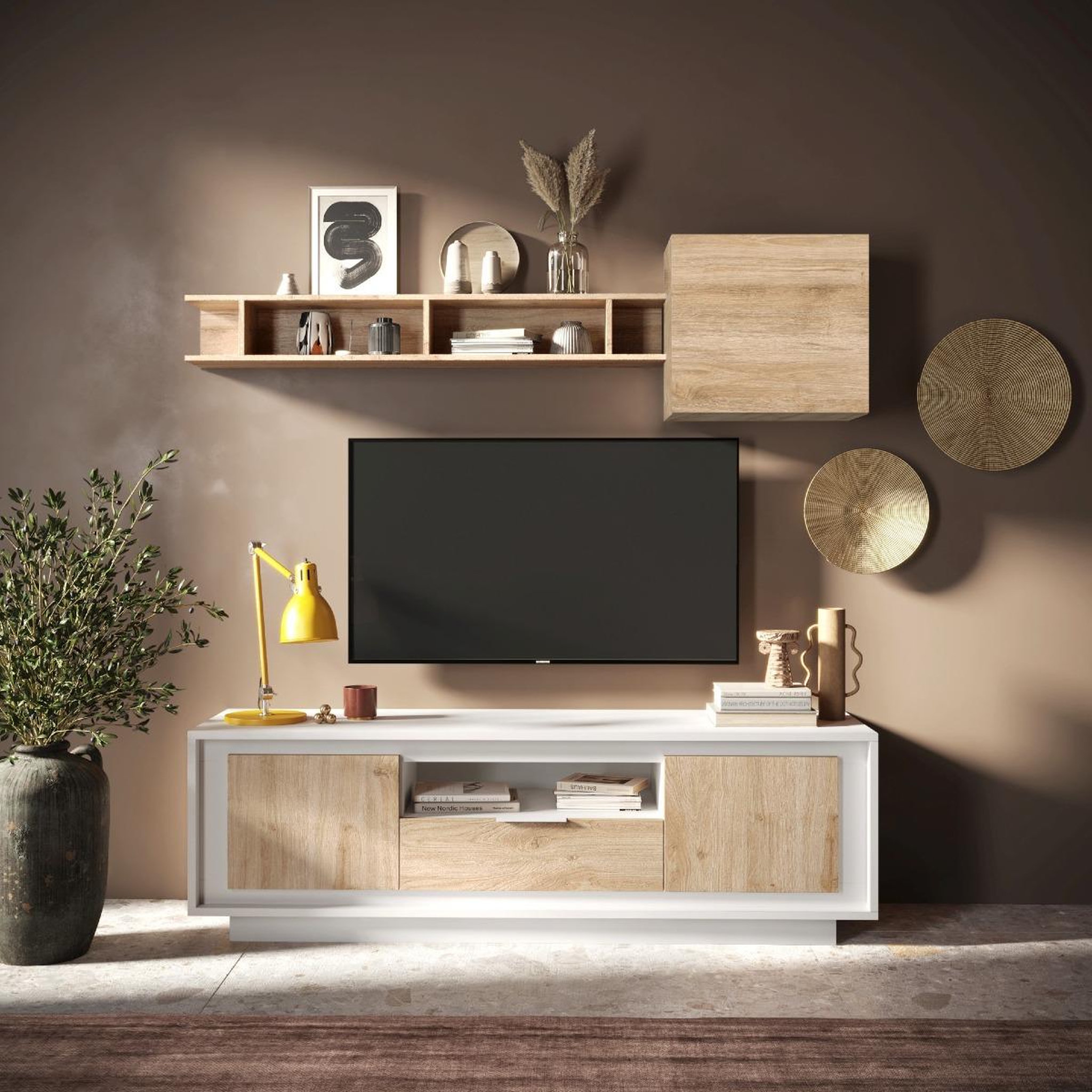 Voir la diapositive 2 : JLC KREATION Meuble tv contemporain 180cm blanc et bois clair yori