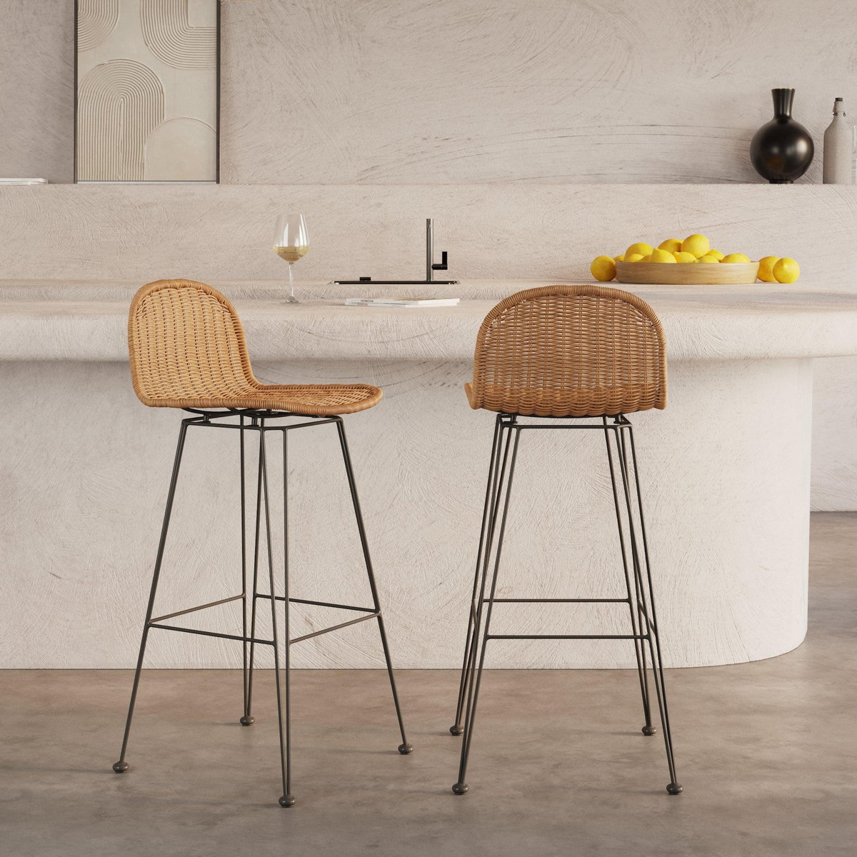 Rendez vous déco Lot de 2 chaises de bar mi-hauteur 63 cm en résine tressée marron-Jigani