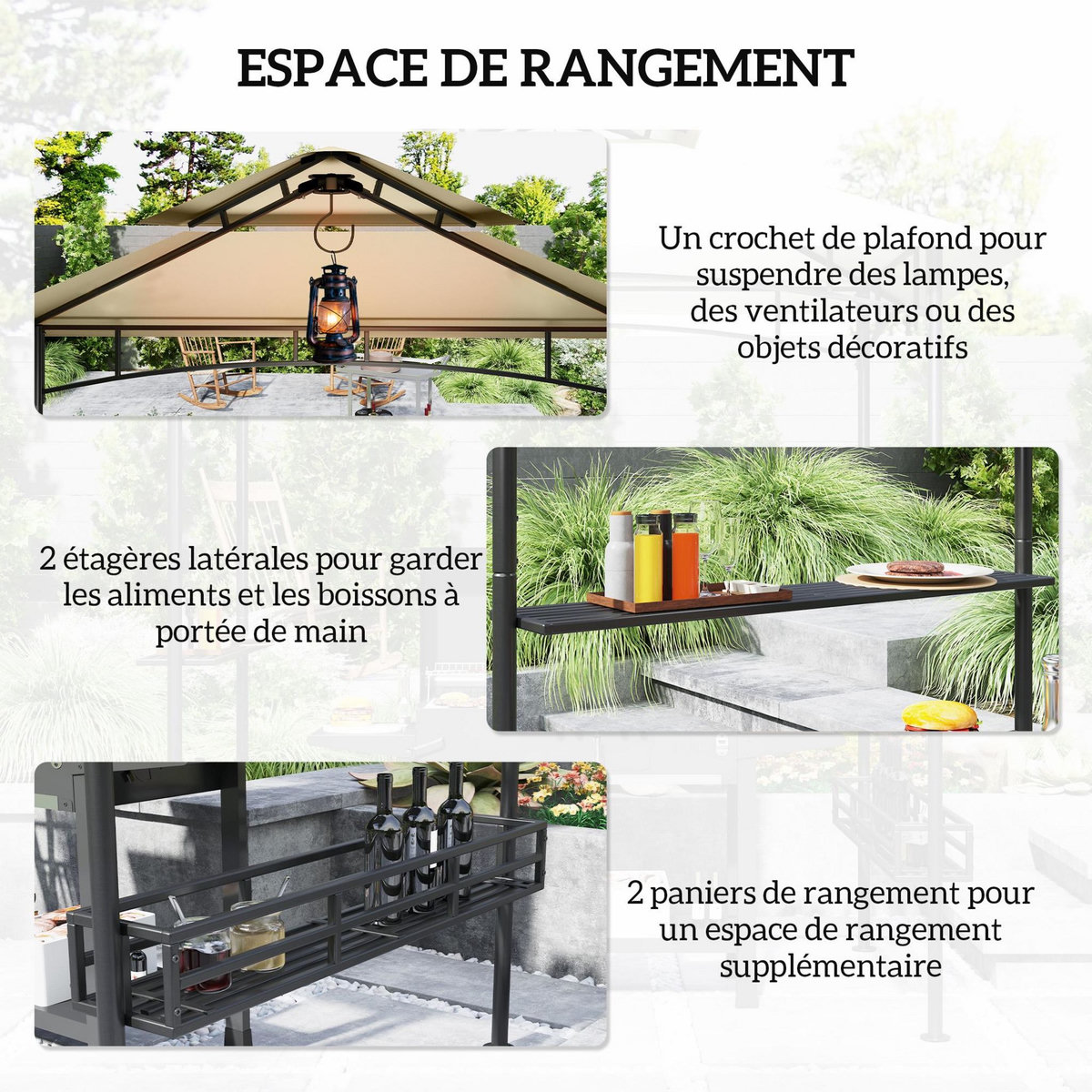 OUTSUNNY Abri pour barbecue - pavillon pour barbecue - barnum - 4 étagères - métal noir tissu beige