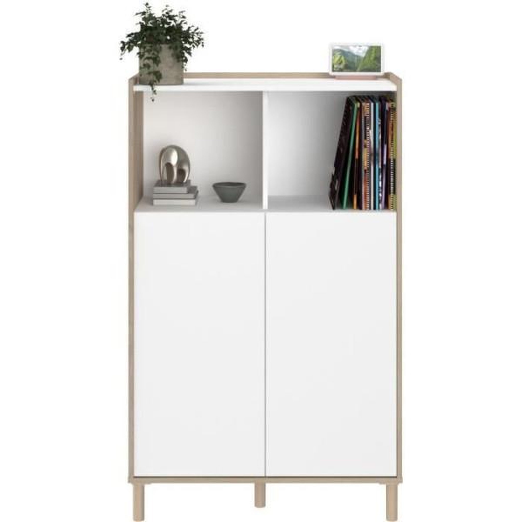 Voir la diapositive 2 : PARISOT Ensemble meuble de salon - meuble tv, table basse relevable, bahut haut - morphos - décor blanc / chene - parisot