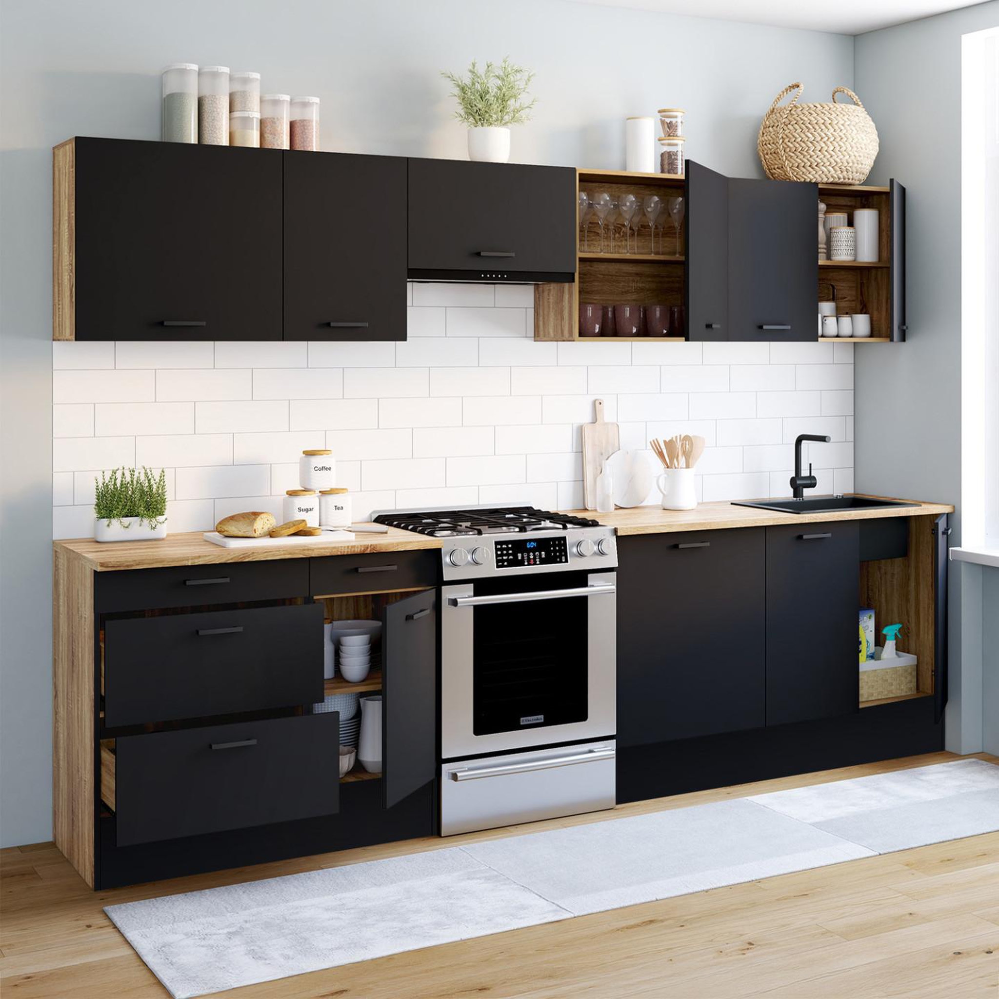 Voir la diapositive 5 : ID MARKET Cuisine complète casserolier 300 cm subtil avec plan de travail 9 éléments bois et noir