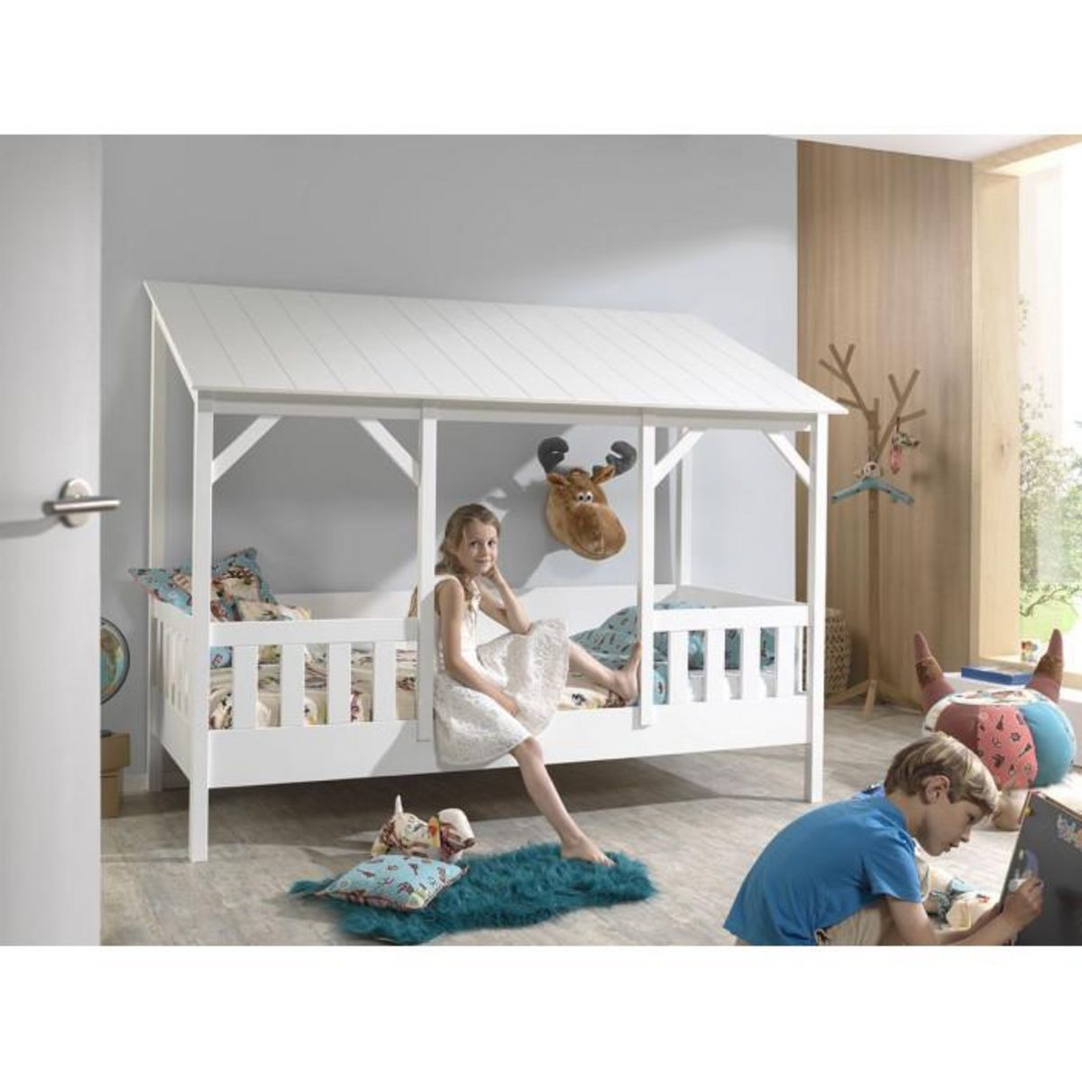 Paris Prix Pack - Lit Cabane Enfant, Sommier & Matelas  Housebed III  90x200cm Blanc
