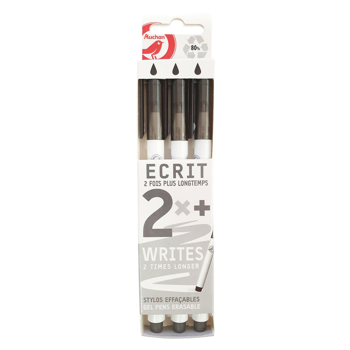 AUCHAN Lot de 3 stylos gel effaçables noir