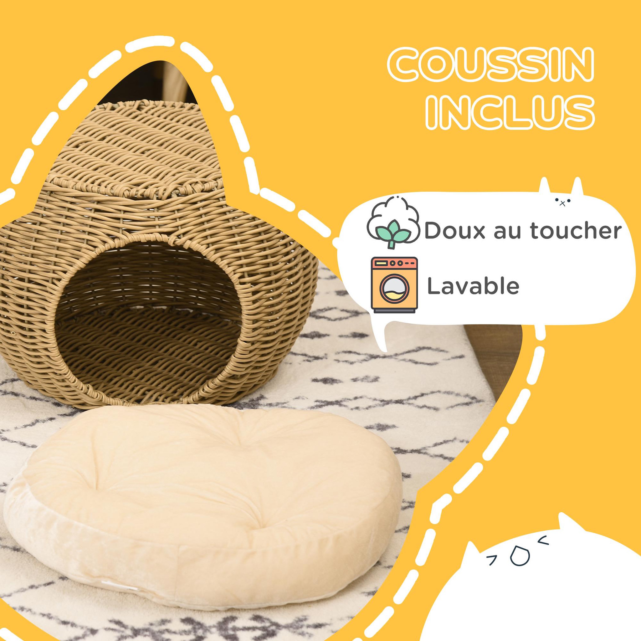 Voir la diapositive 6 : PAWHUT Panier chat lit chat cosy grand confort dim. Ø 40 x 30h cm coussin moelleux inclus polyester résine beige
