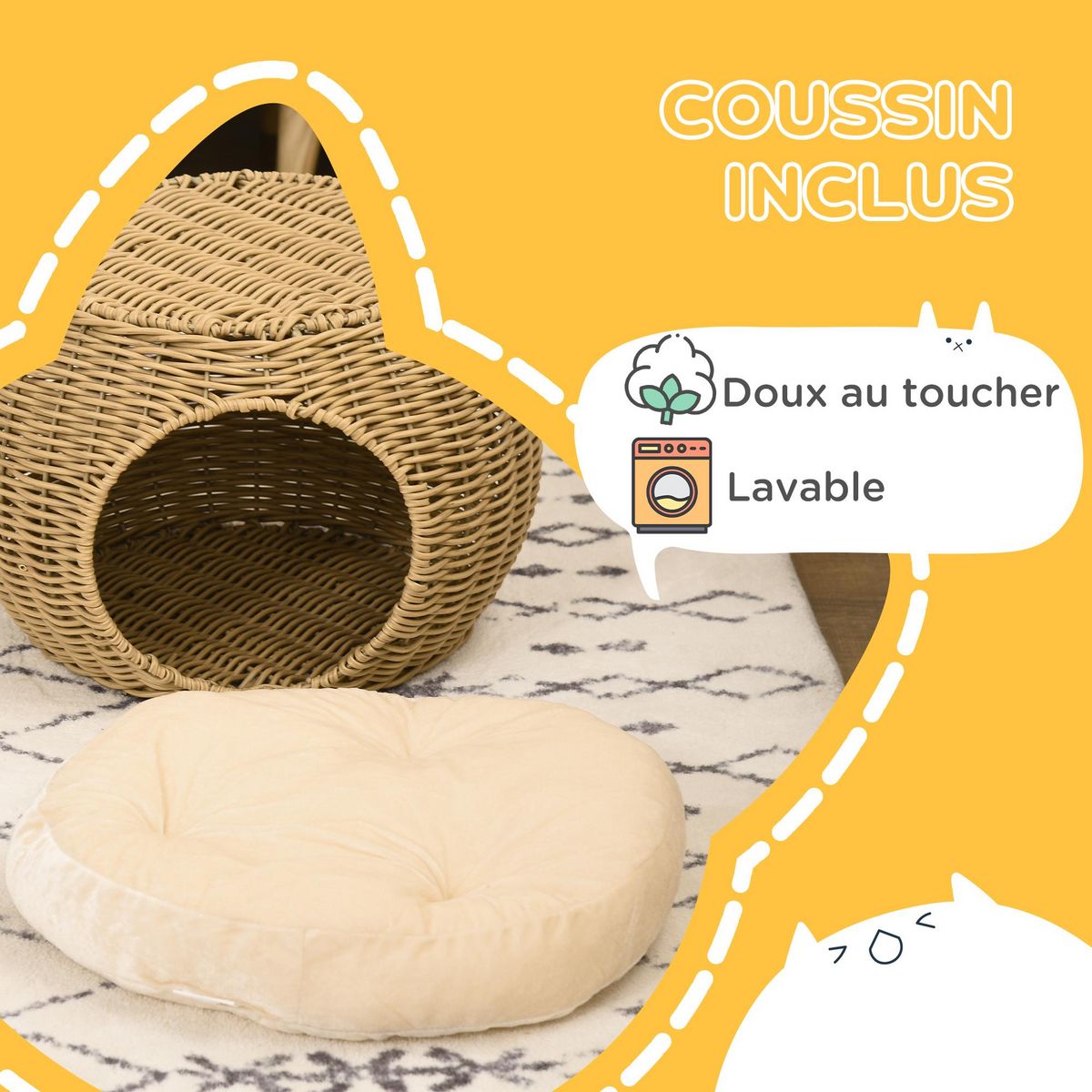 PAWHUT Panier chat lit chat cosy grand confort dim. Ø 40 x 30H cm coussin moelleux inclus polyester résine beige