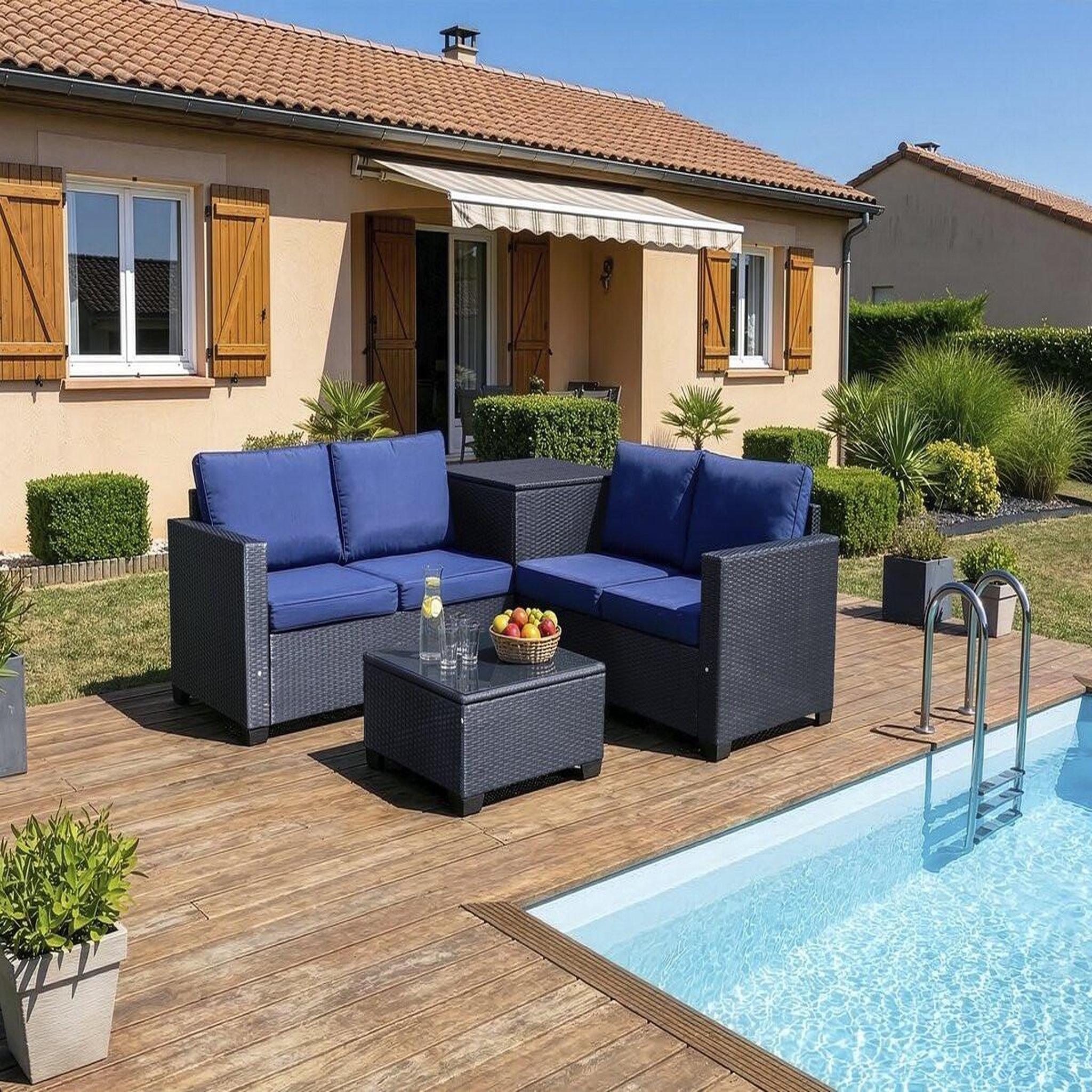 Voir la diapositive 2 : Habitat et Jardin Salon de jardin en résine tressée avec coffre de rangement  riley  - 4 places - bleu foncé