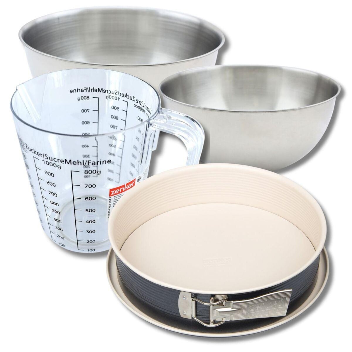 ZENKER Set pâtisserie avec moule à manqué 27 cm, 2 bols à mixer, verre mesureur et spatule Zenker