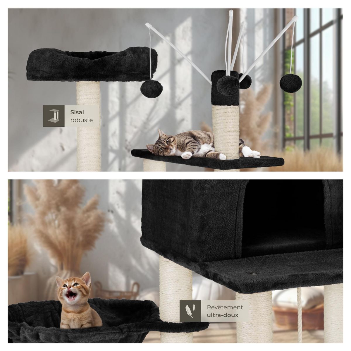 tectake Arbre à chat 165 cm avec griffoir et plateforme d'escalade noir