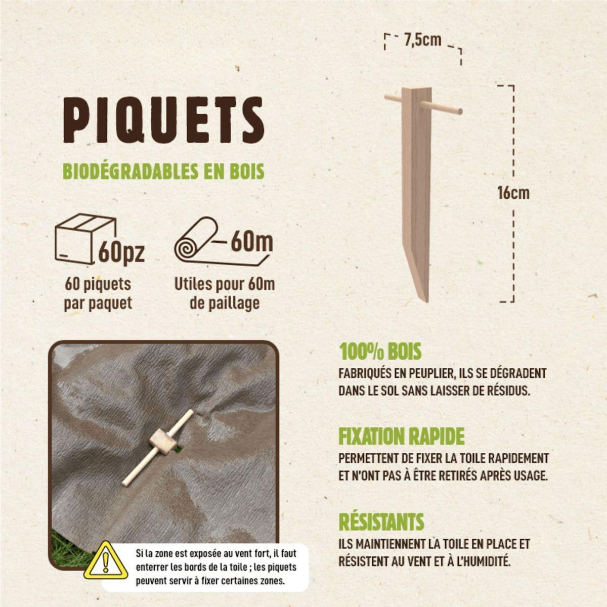 KZ GARDEN Kit Toile de paillage Papier Kraft 0.9 x 20m + 60 Piquets Bois fixation Paillage Autodégradable Anti mauvaises herbes Jardin