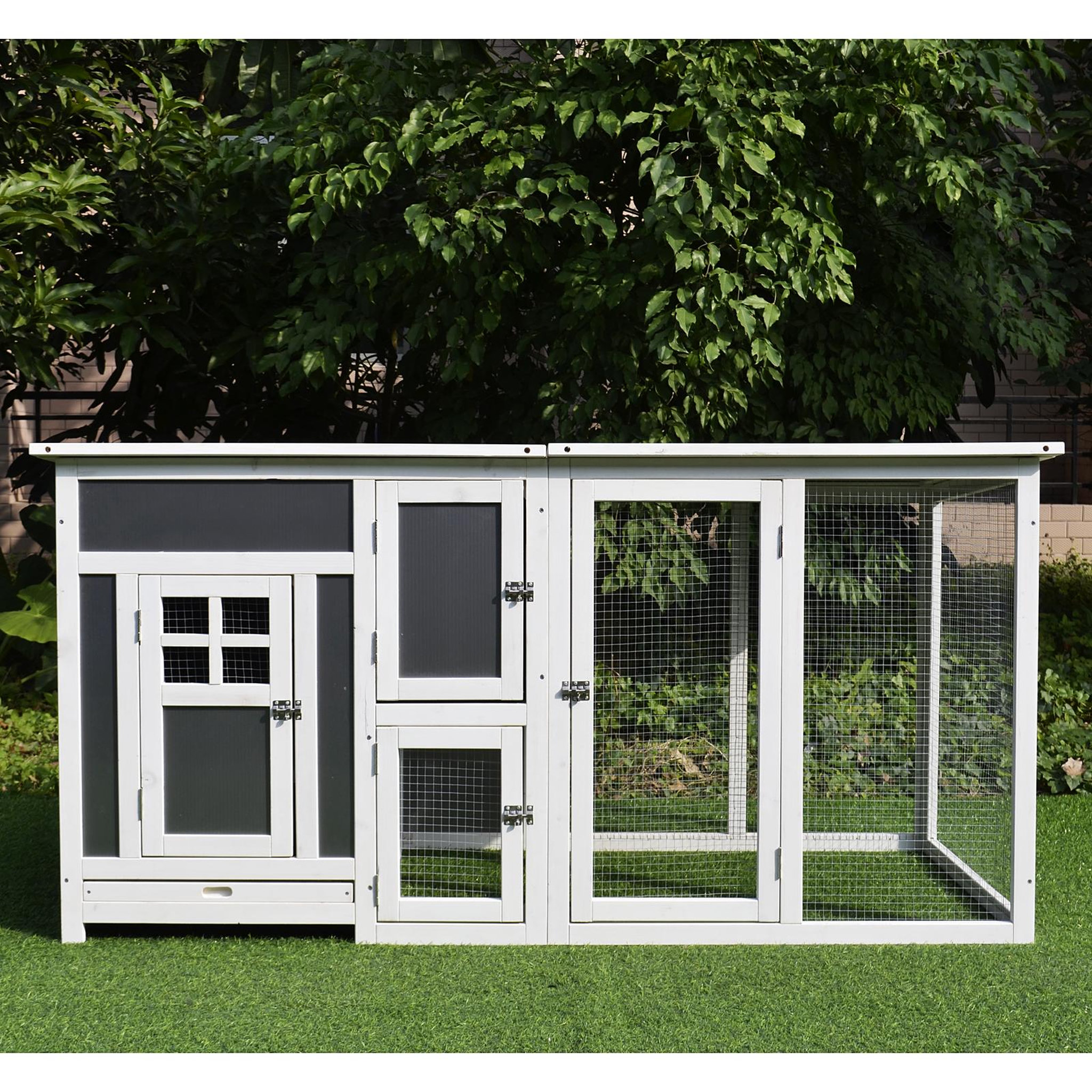 Voir la diapositive 5 : PAWHUT Poulailler multi-équipements niche toit ouvrant perchoir pondoir enclos tiroir à déjection 160L x 75l x 80H cm bois massif pin gris blanc