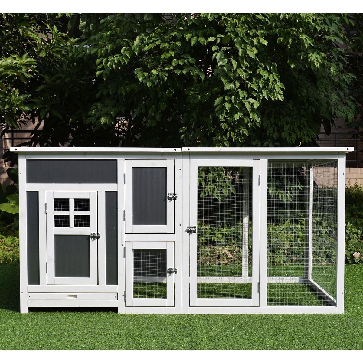 PAWHUT Poulailler multi-équipements niche toit ouvrant perchoir pondoir enclos tiroir à déjection 160L x 75l x 80H cm bois massif pin gris blanc