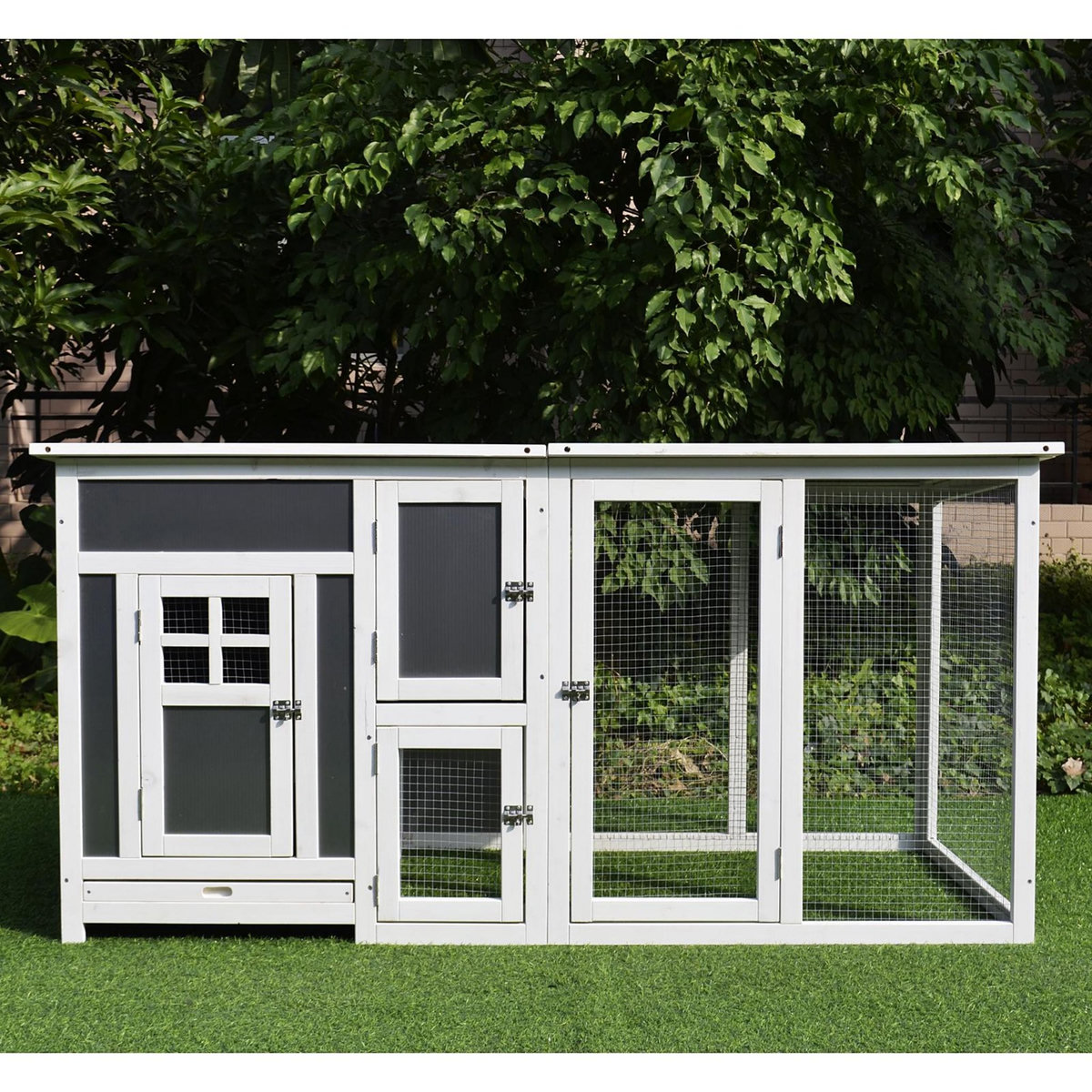 PAWHUT Poulailler multi-équipements niche toit ouvrant perchoir pondoir enclos tiroir à déjection 160L x 75l x 80H cm bois massif pin gris blanc