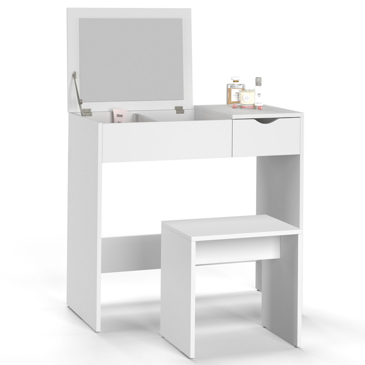 ID MARKET Coiffeuse ZELIA miroir rabattable avec 1 tiroir et 1 tabouret