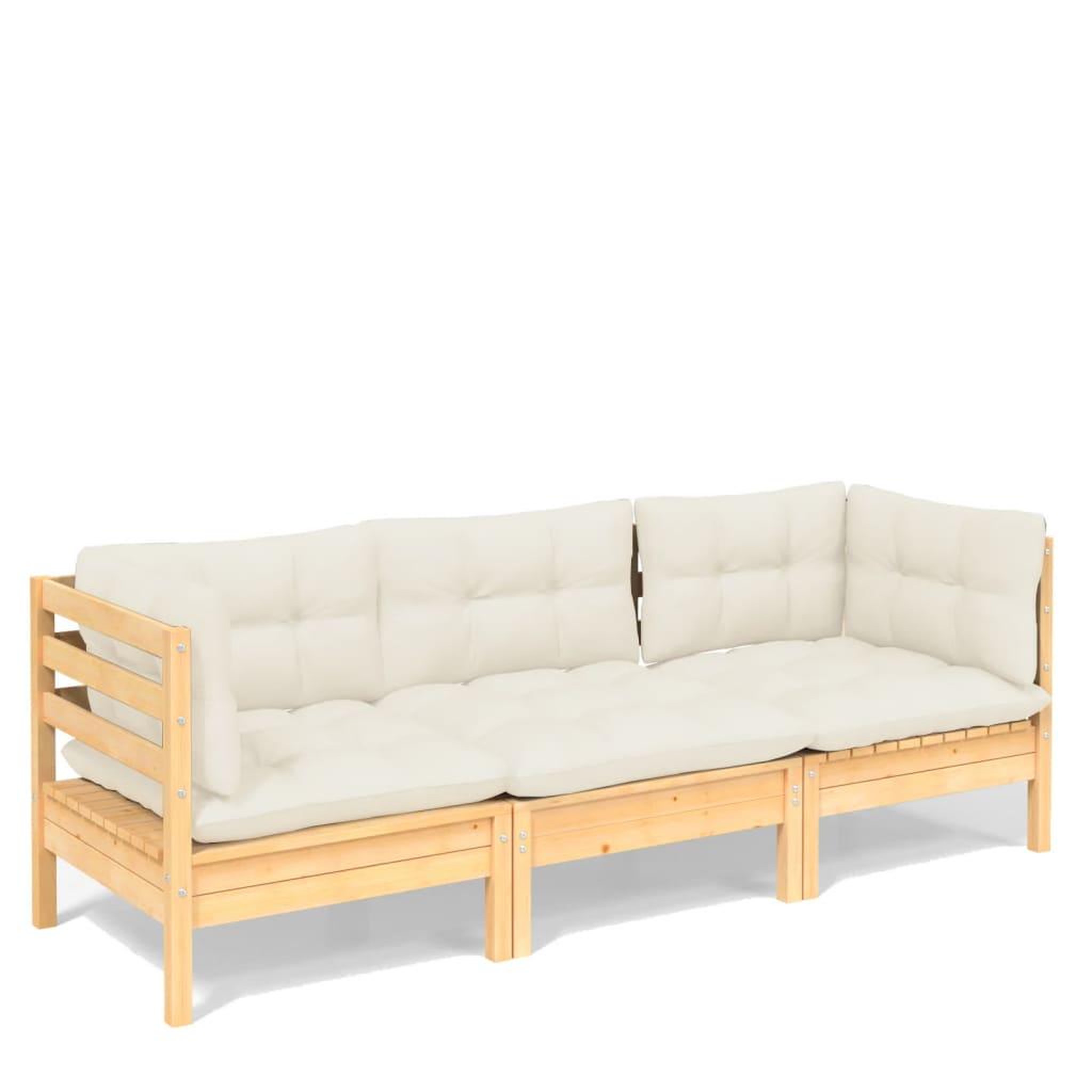 Voir la diapositive 2 : VIDAXL Canape 3 places de jardin et coussins creme Bois de pin solide