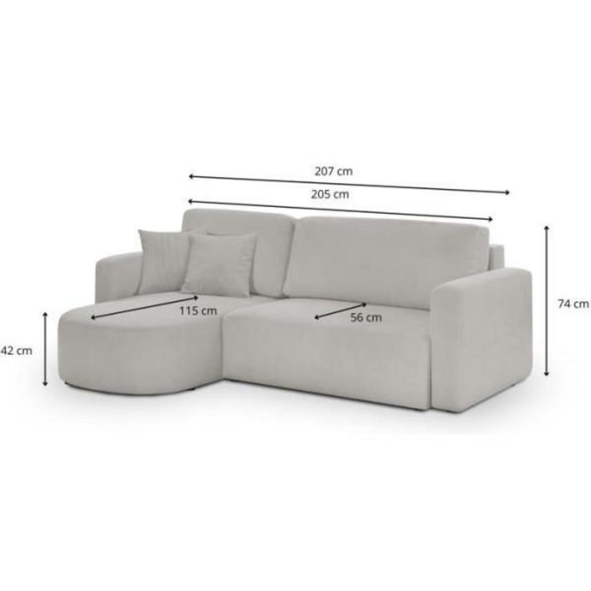 MARKET24 Canapé d'angle convertible et réversible 3 places GALET - Velours côtelé gris - Coffre de rangement - L238 x P154 x H86 cm