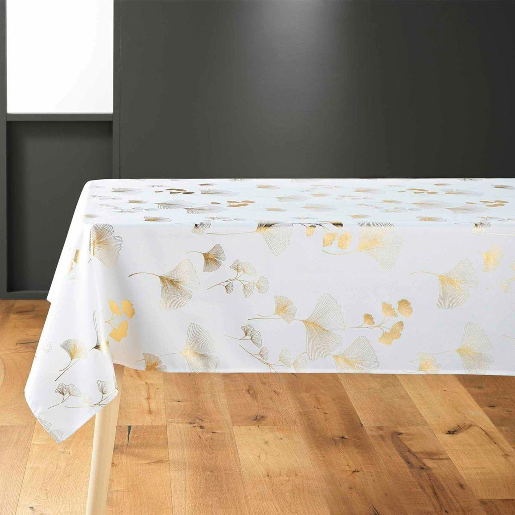 Douceur d'Intérieur Nappe imprimé métallisé  bloomy  150x300cm blanc & or