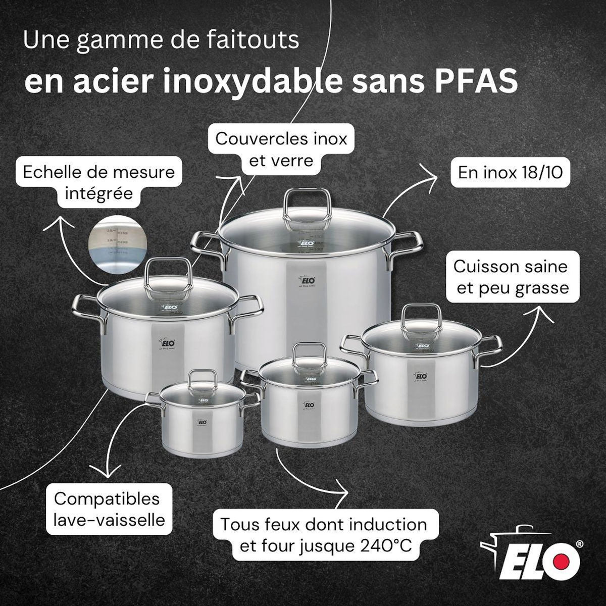 ELO Lot Poêle 32cm Elo Relief Evolution & 3 Faitouts Elo