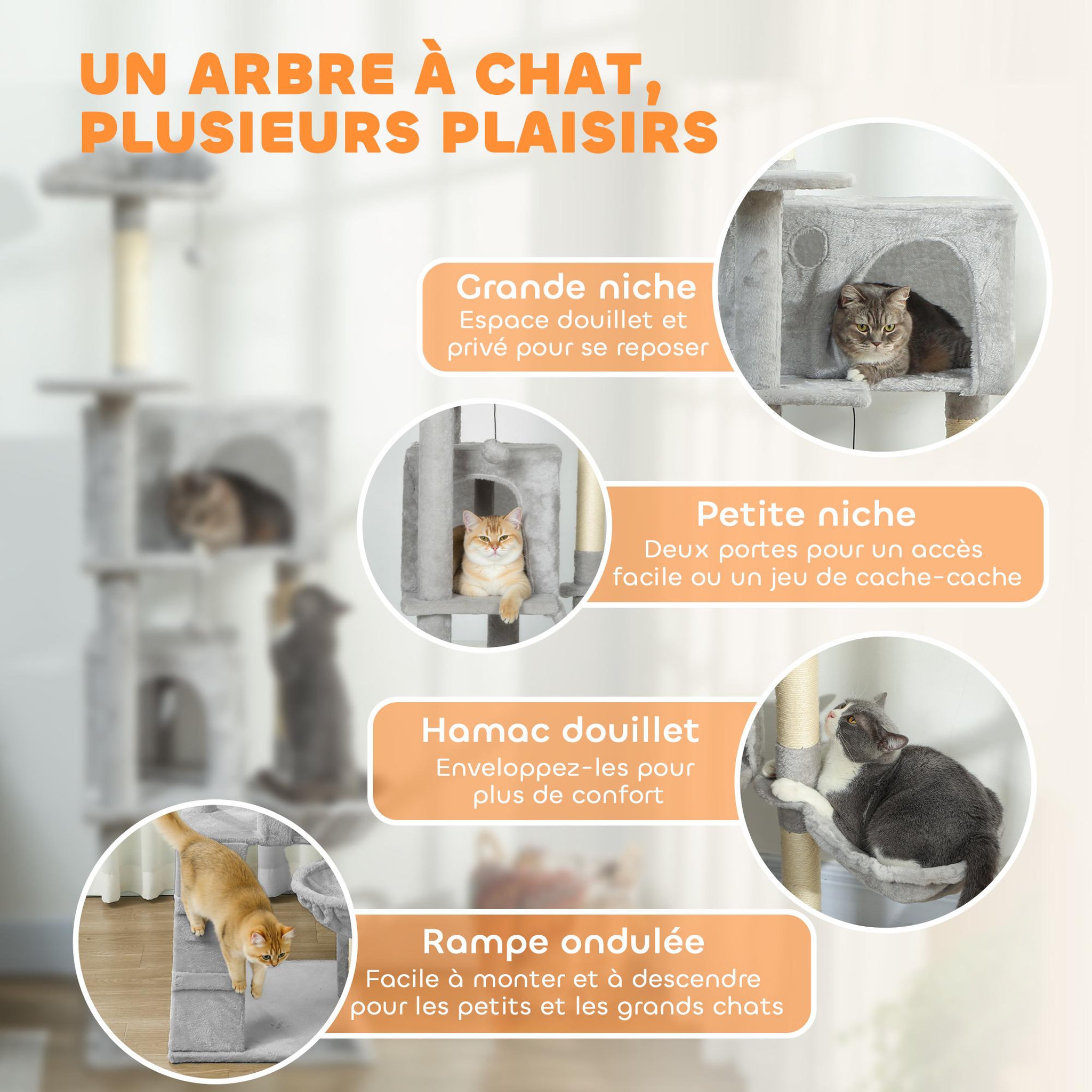 Voir la diapositive 5 : PAWHUT Arbre à chat grande taille h.180cm - niches, hamac, griffoirs, plateformes - gris clair
