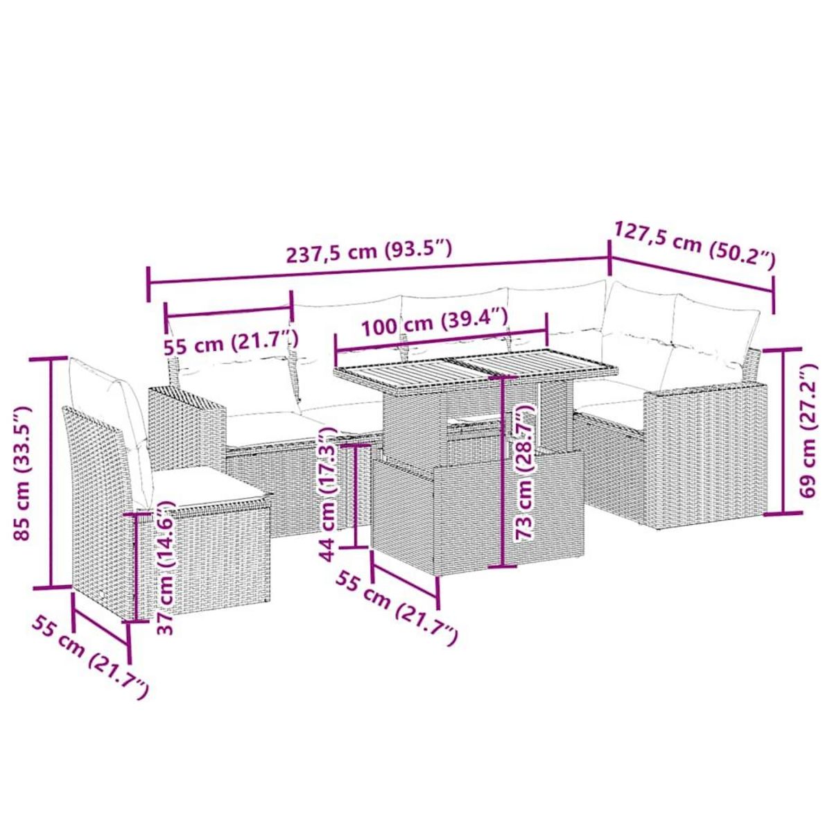 VIDAXL Salon de jardin avec coussins 7 pcs beige resine tressee