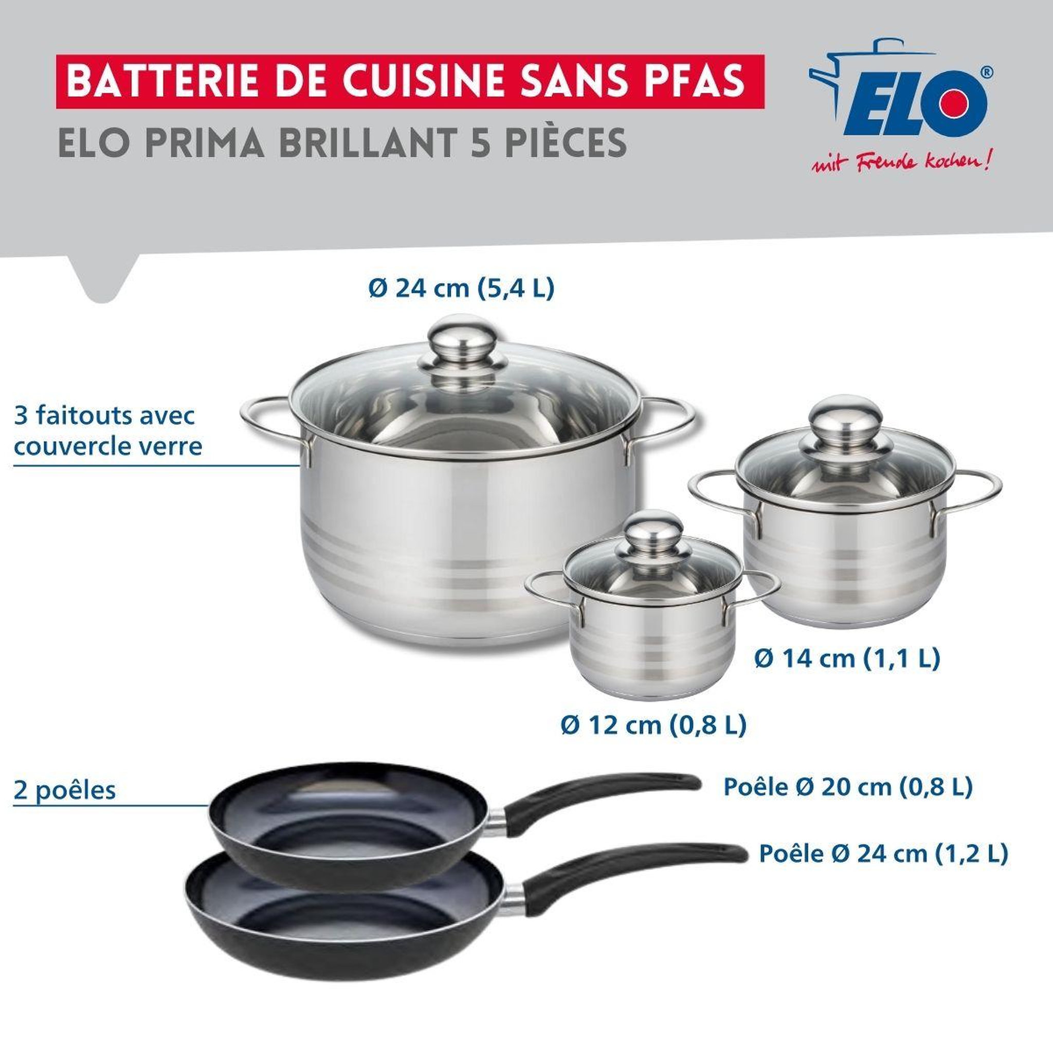 Voir la diapositive 2 : ELO Ensemble de 2 poêles de cuisson 20 et 24 cm et 3 faitouts 12, 14 et 24 cm elo prima brillant