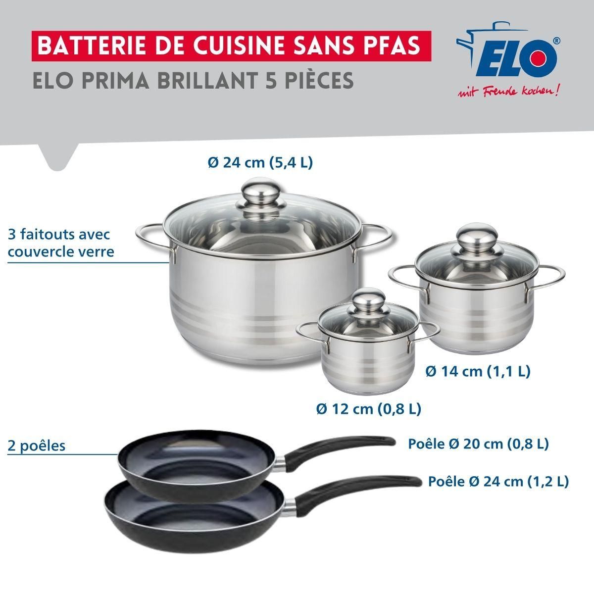 ELO Ensemble de 2 Poêles de cuisson 20 et 24 cm et 3 faitouts 12, 14 et 24 cm Elo Prima Brillant