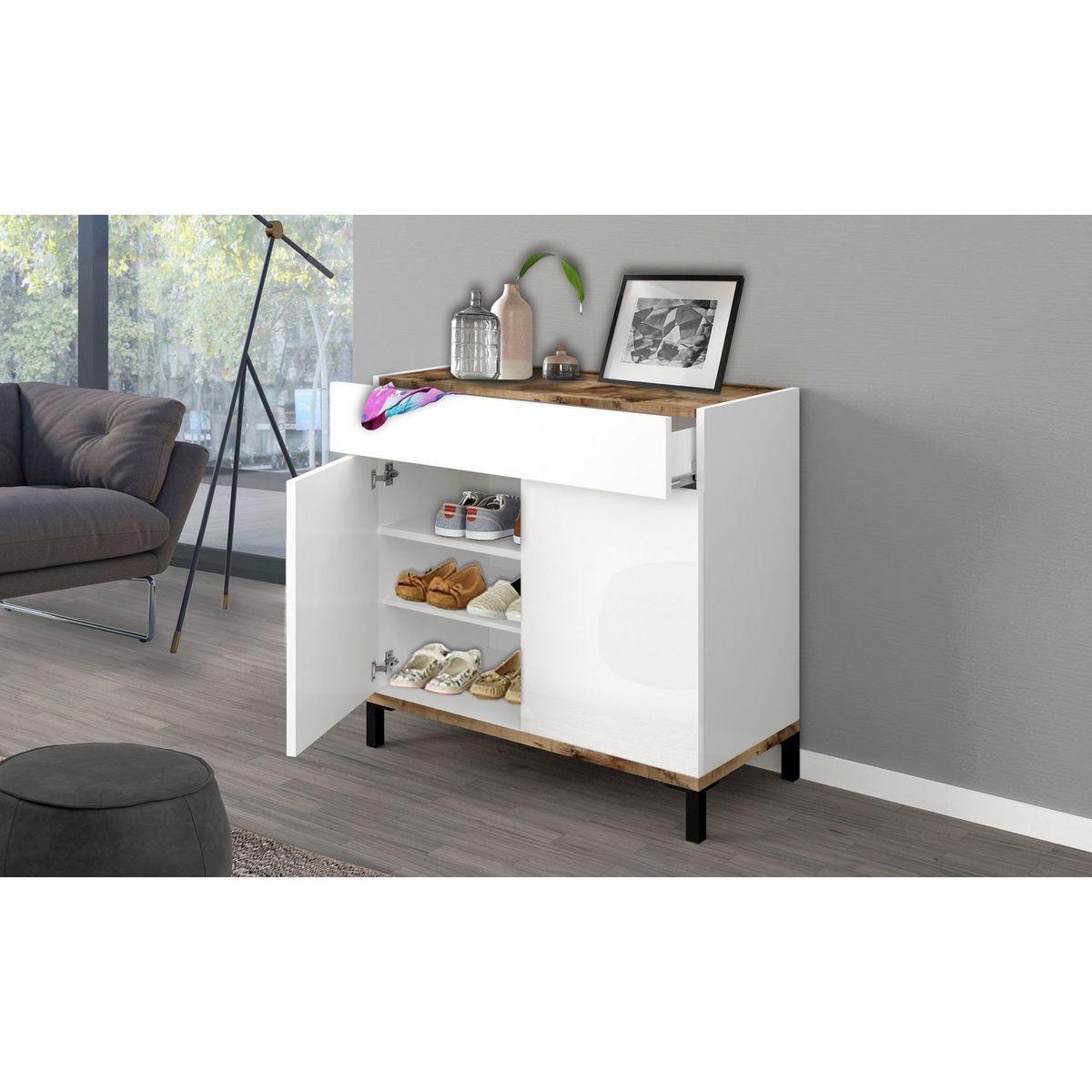 Commode meuble à chaussures 2 portes 1 tiroir L80cm BARI