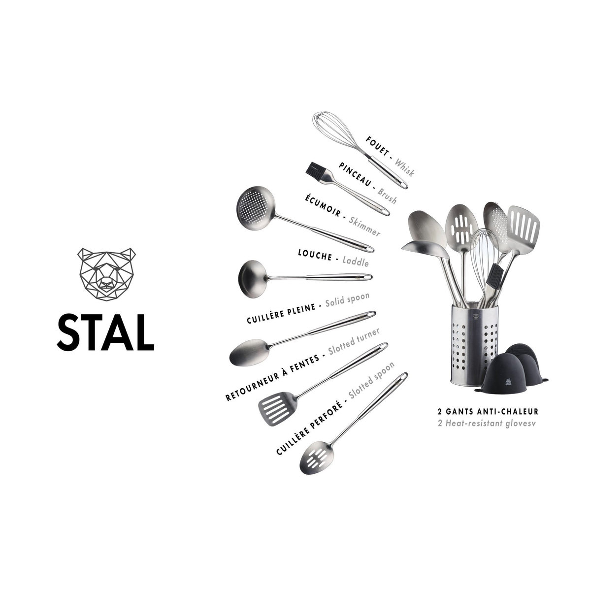 BJORN Set d'ustensiles de cuisine en acier inoxydable STAL - 10 pièces