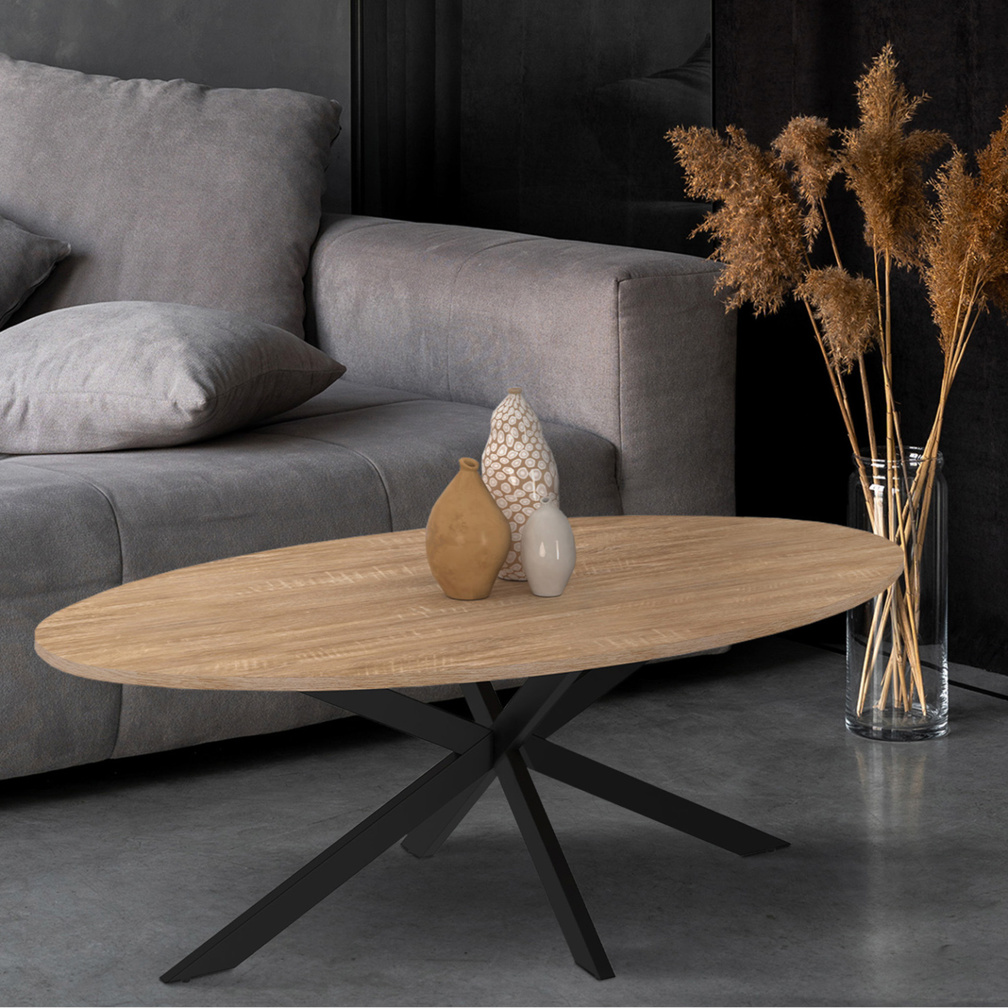 Voir la diapositive 2 : ID MARKET Table basse ovale alix 110 cm pied araignée bois et noir