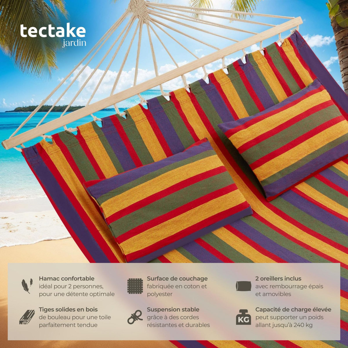 tectake Hamac avec barres d'expansion pour 2 personnes avec des rayures colorées