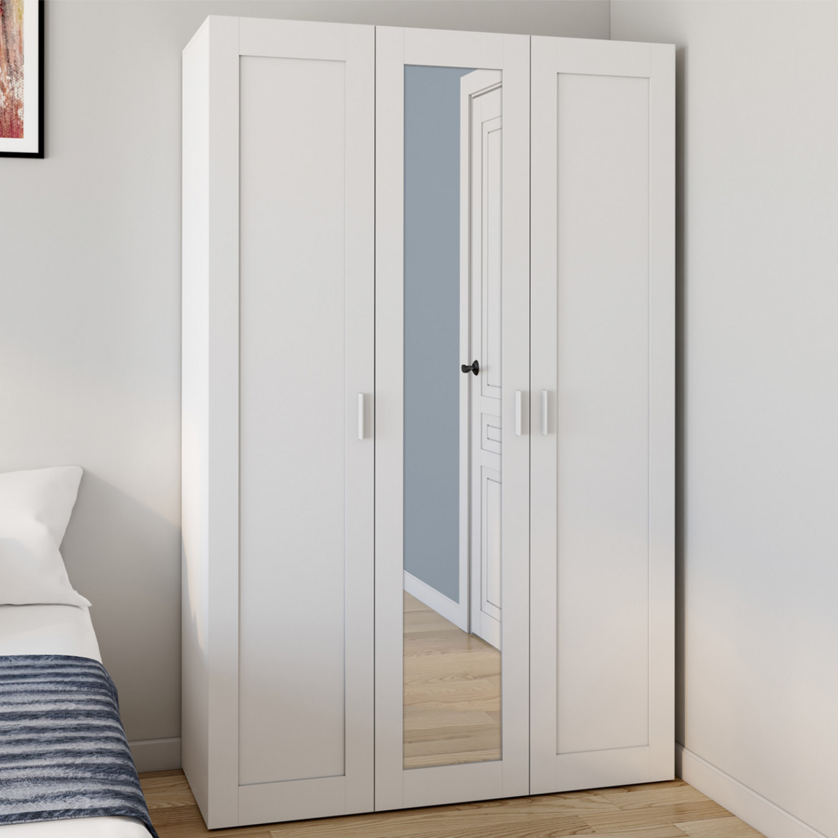 ID MARKET Armoire 3 portes VITO blanc penderie 120 cm avec miroir et étagères