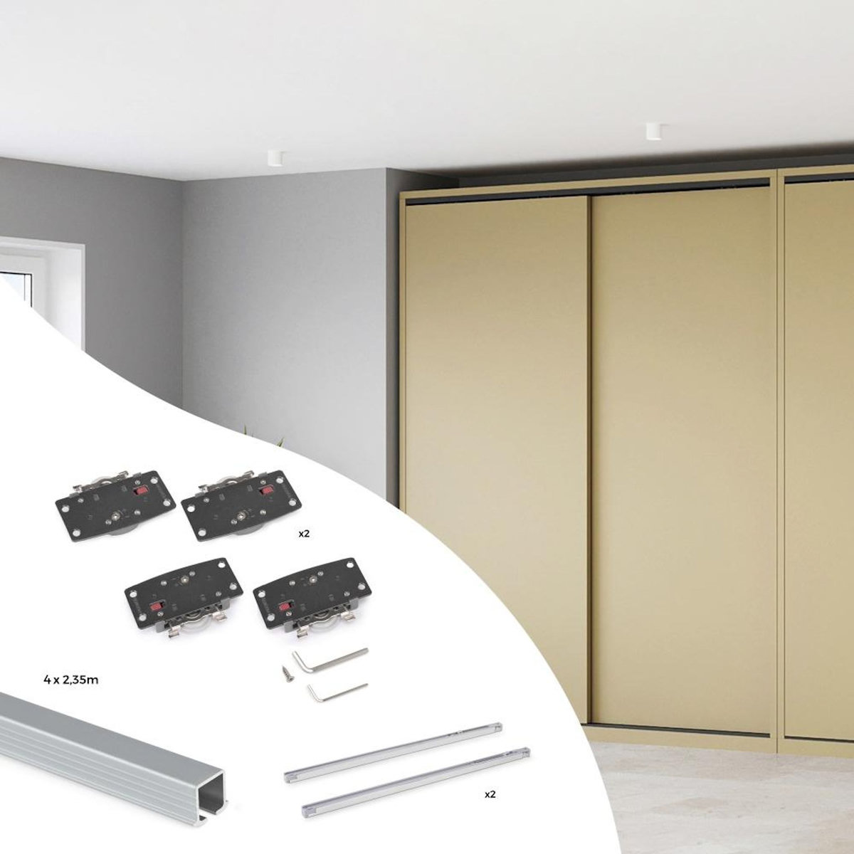 EMUCA SRL Kit de ferrures pour Flow2 2 portes coulissantes et armoire à fermeture souple avec rails encastrés 2 - 35m -  panneaux non inclus -  Anodisé mat