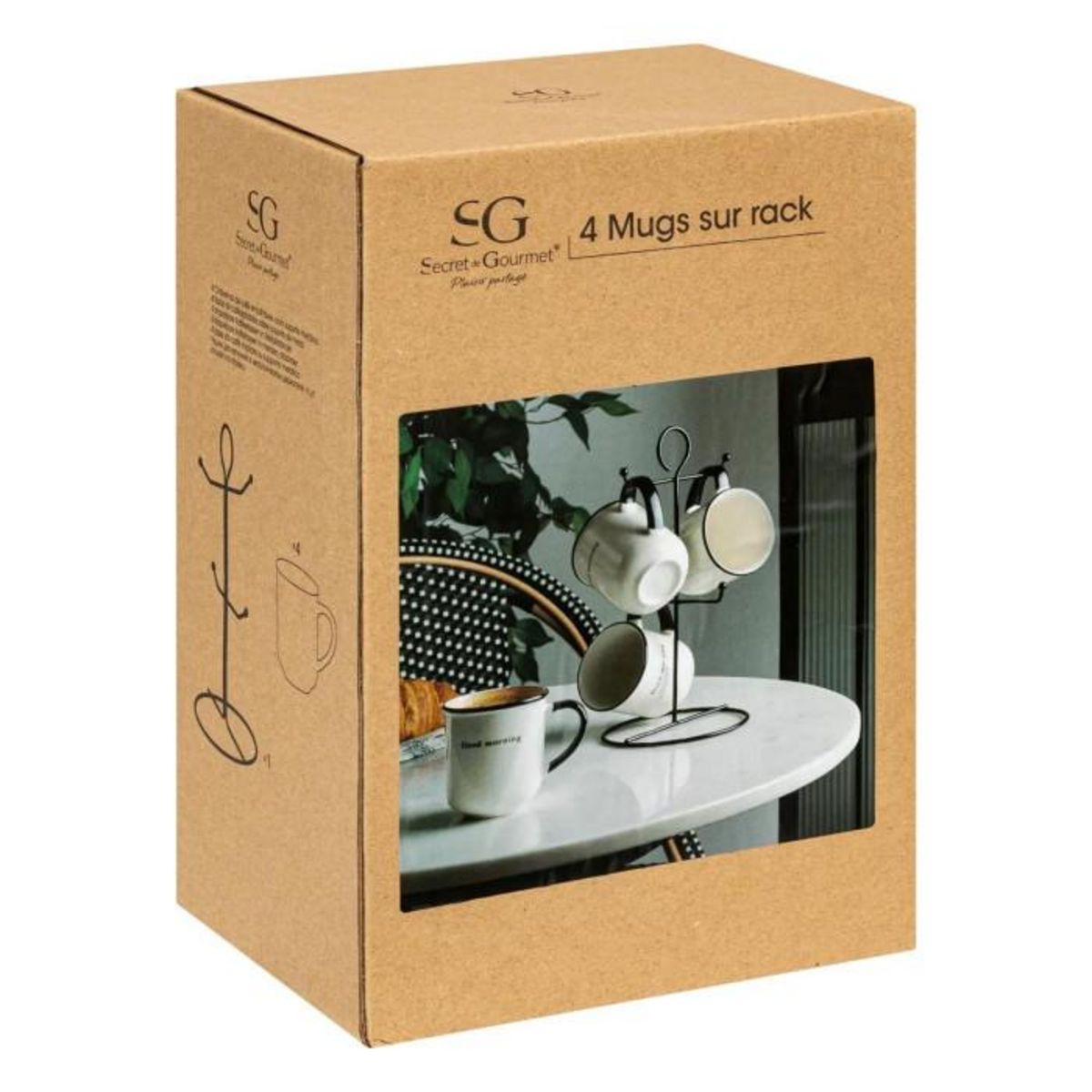 SECRET DE GOURMET Lot de 4 Mugs sur Rack  Alix  20cl Blanc & Noir